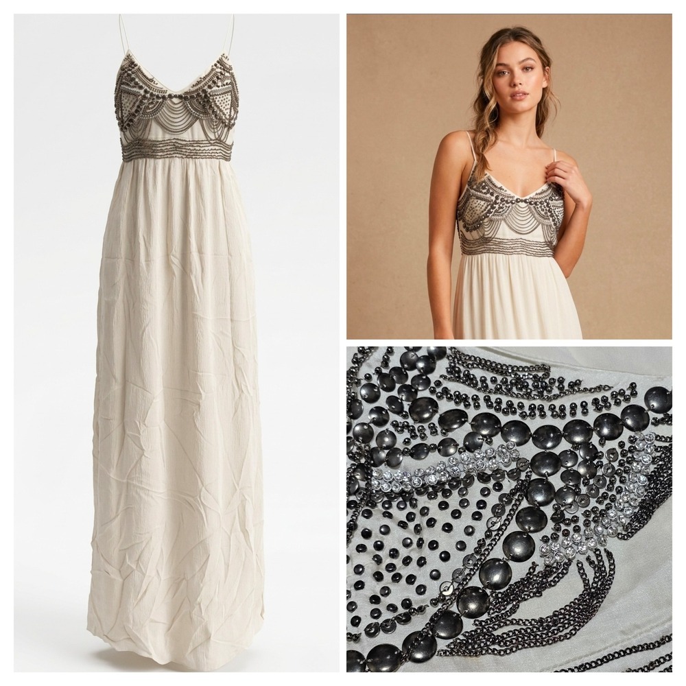 Sheri Bodell Maxi Dress Women M White NEW Silk Beaded Chain Embellished Cybele